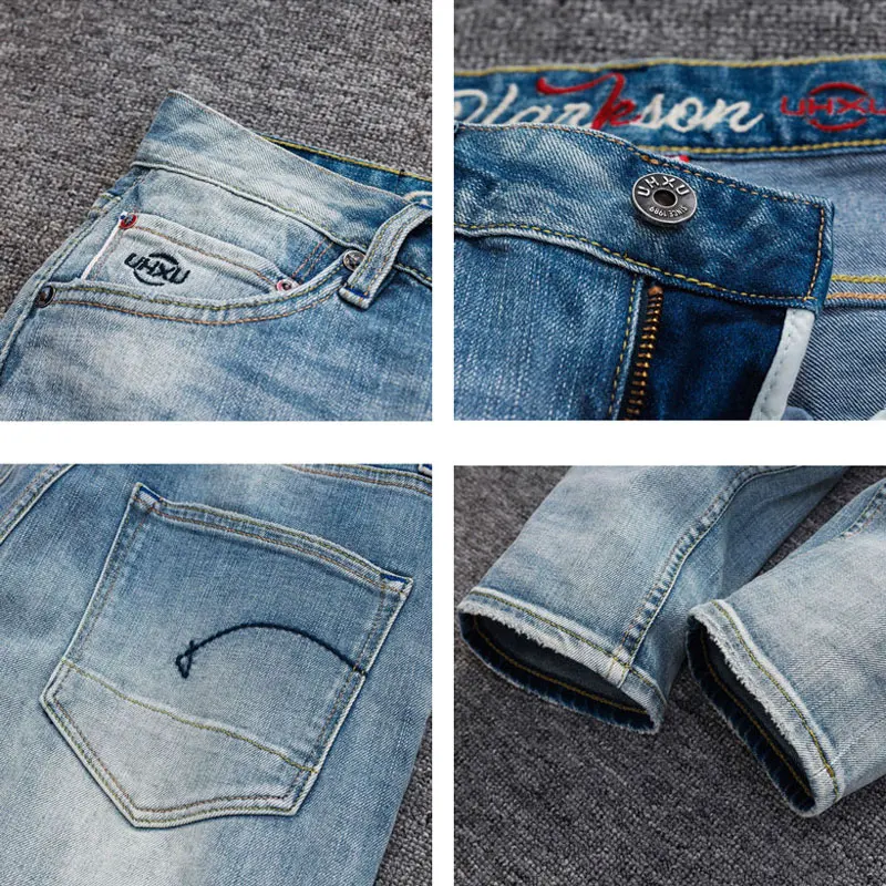 Fashion Street Men's Jeans Vintage Blue Elastic Slim Fit Split Jeans Washed by Designer Hip Hop Brand Pants