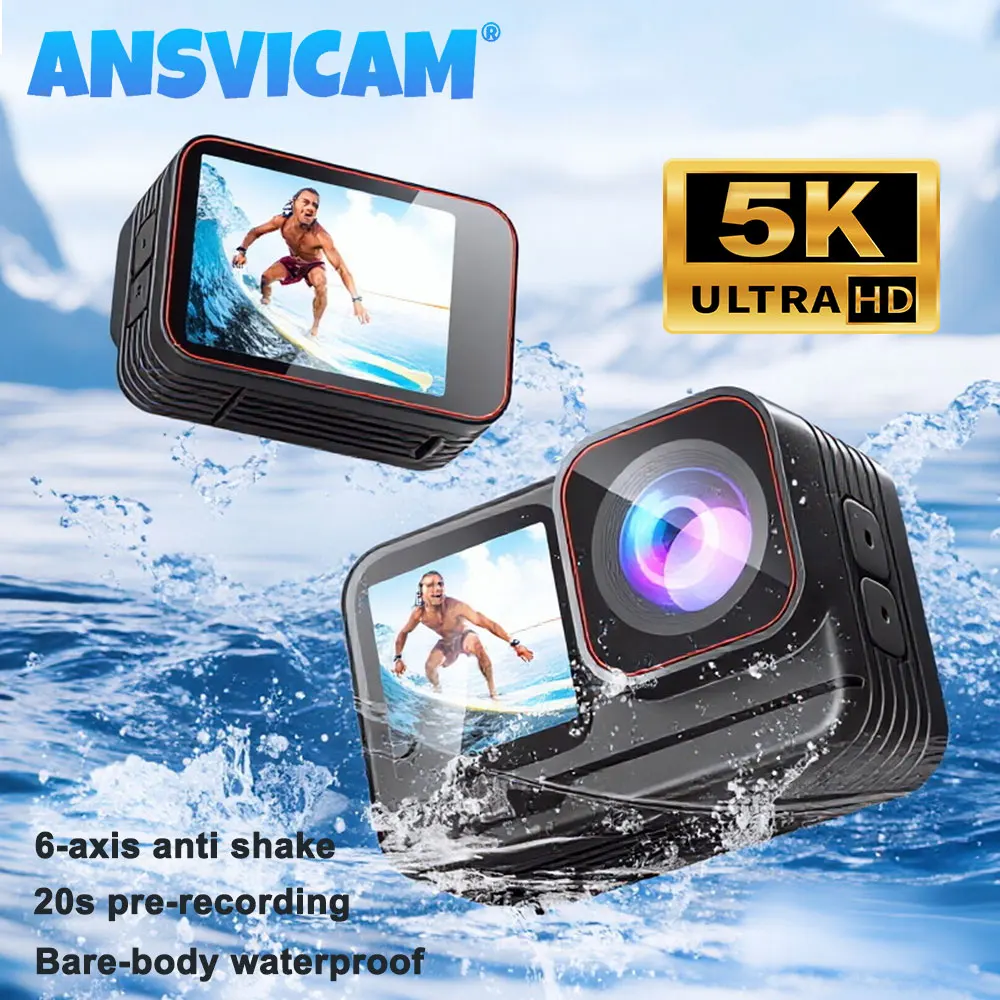 ANSVICAM 5K Bare-body Waterproof Action Camera 4K60fps Touch Dual Screen 6-Axis Anti Shake 170° Wide-angle WiFi Sports Cameras