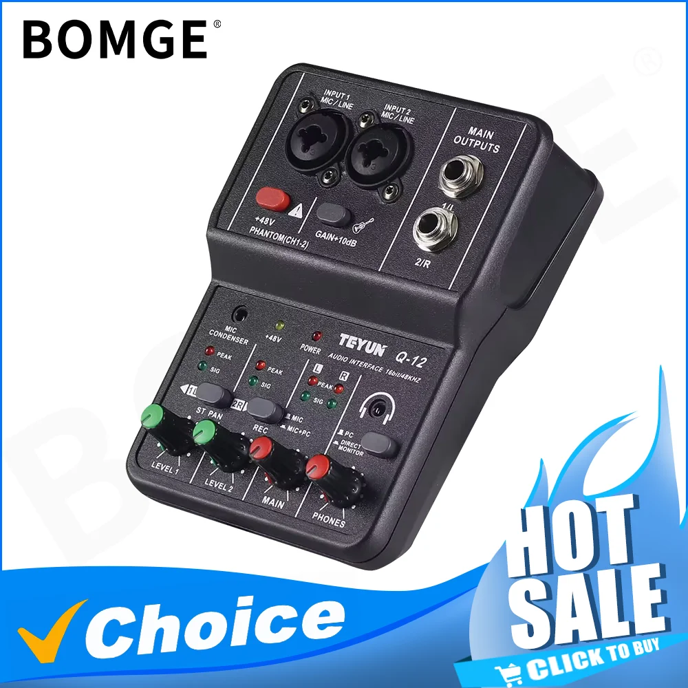 Audio Mixer BOMGE Q-12 2 Channel Sound Mixing Console USB 48V Phantom Power Compact Amplifier Adapter for Recording