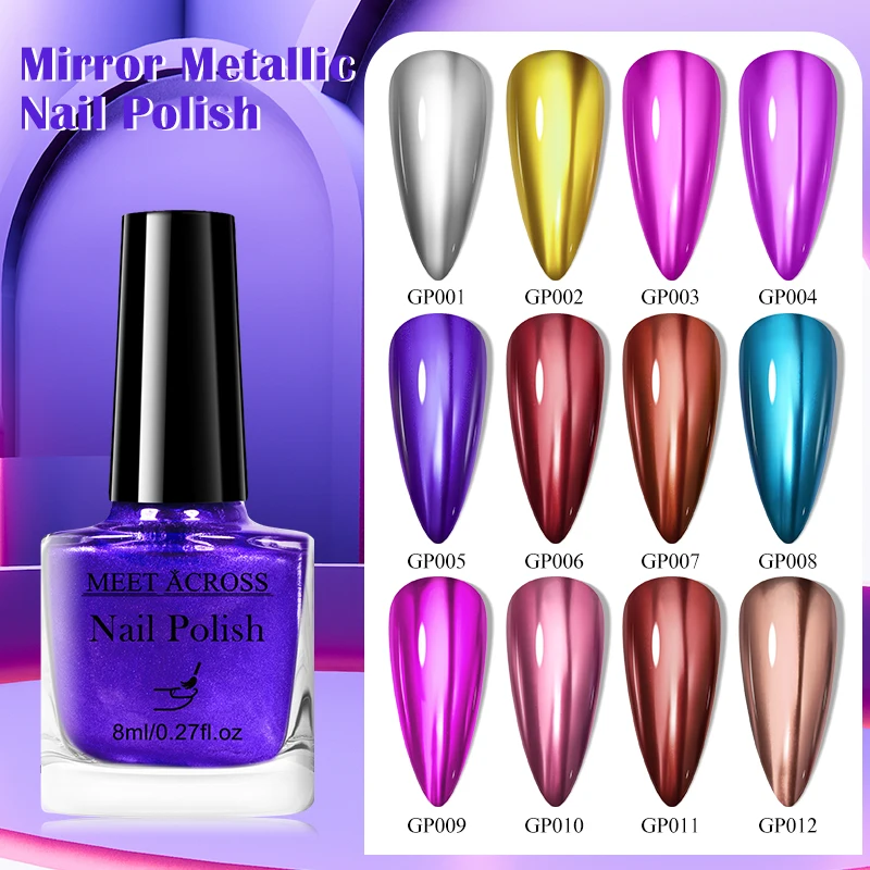Nail Polish MEET ACROSS 8ml Mirror Metallic Nail Polish Metallic Effect Quick Dry Varnish For Nail Art DIY No Need Lamp Glass Bottle