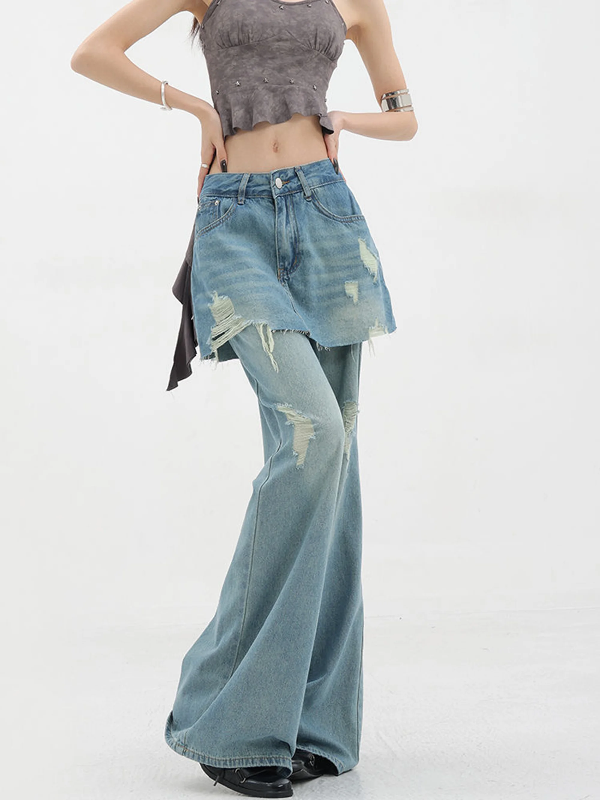 Jeans Fake Two Pieces Edge Whiskers Patchwork  Wrap-Around Wide High Leg Denim Pants Women Vintage Raw Rise Baggy Jeans Korean