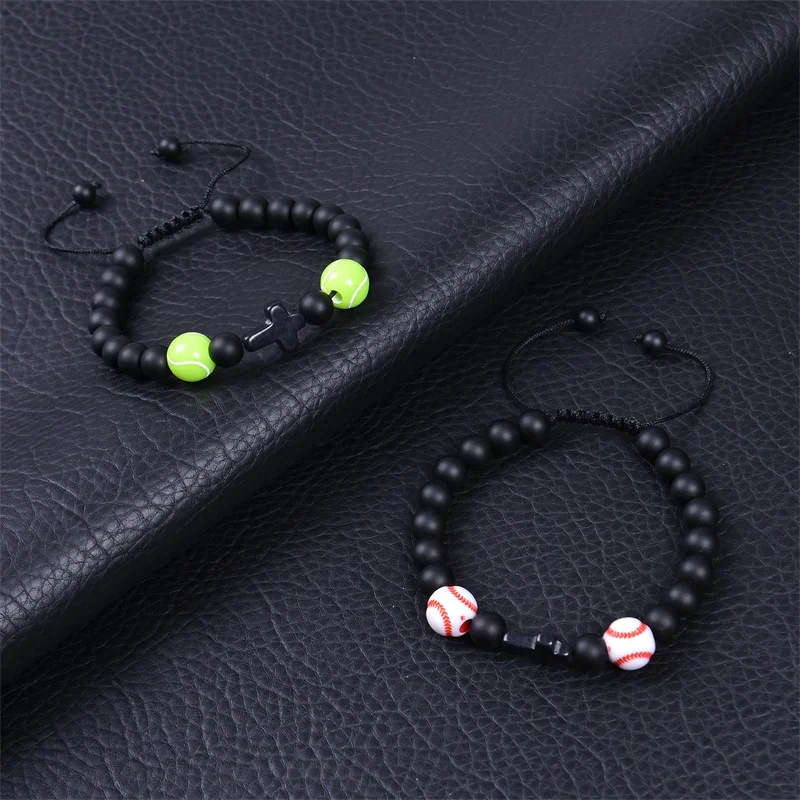 Bracelets de football pour garçons, bracelet de sport pour neveu, petit-fils, croix, perles naturelles, noir 256, cadeau d'anniversaire, remise des diplômes