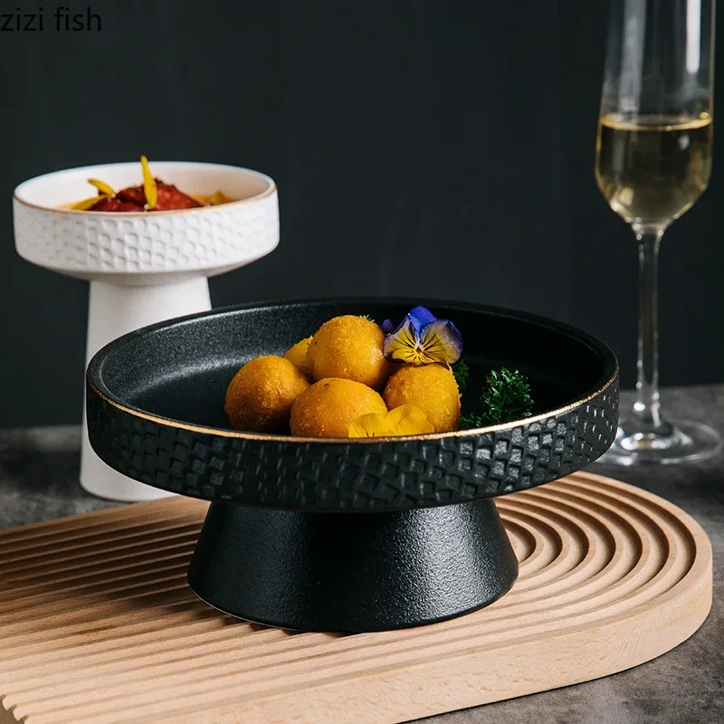 Round Ceramic Pasta Steak Plate Salad Bowl Soup Basins Cooking Plate Kitchen Solid Color Tableware High Foot Snack Desserts Tray