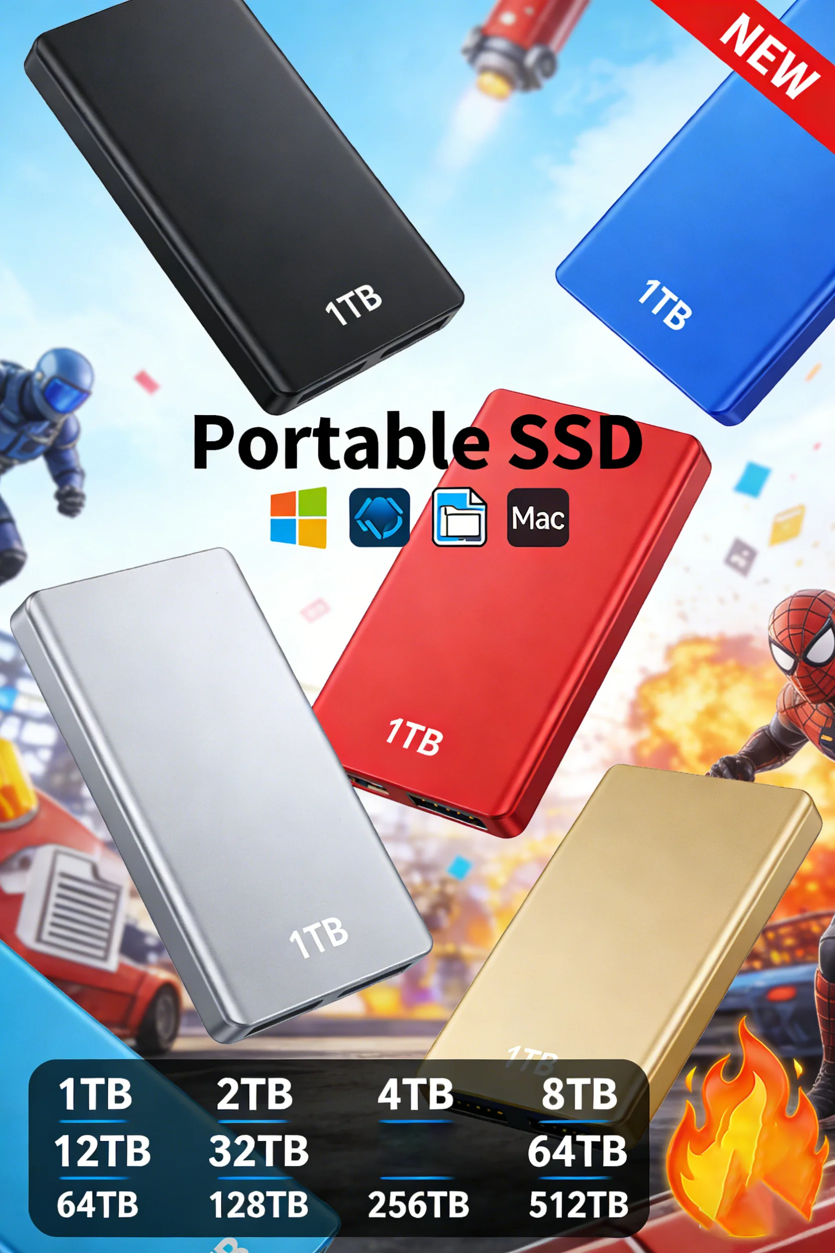 SSD แบบพกพาความเร็วสูงขนาด 1TB/2TB, ฮาร์ดไดรฟ์ภายนอกขนาดเล็กใหม่เอี่ยม, ใช้งานร่วมกับแล็ปท็อป, Mac และเดสก์ท็อป 1