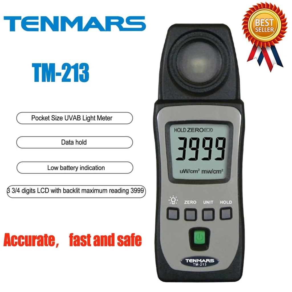 TENMARS TM-213 Pocket Size UVAB Light Meter 3 3/4 Digits LCD With Backlit Maximum Reading 3999.Low Battery Indication.
