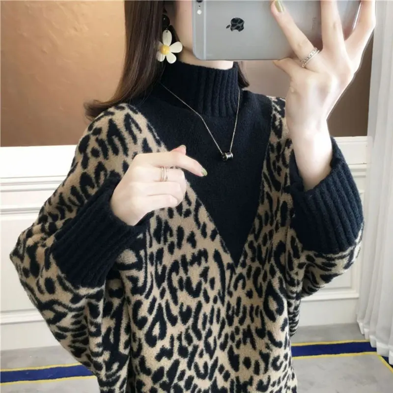 Women\'s Clothing Batwing Sleeve Leopard Sweaters Autumn Winter New Thick Half High Collar Spliced Loose Knitted Jumpers Female