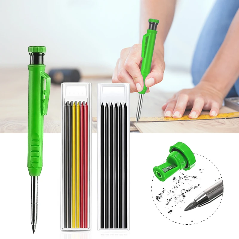 New Solid Carpenter Pencil Set Built in Sharpener with 6 Refill Leads DeepHole Pencil Marking