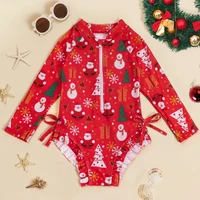 Kids Girls Long Sleeve Athletic Swimsuit Beach Sports Bathing Suit Zipper Beachwear Christmas Santa Pattern Stylish Swimwear 1