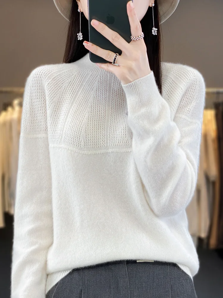 

2023 Fashion Women Sweater 100% Merino Wool Traf Tops Jersey Mock Neck Long Sleeve Pullover Spring Autumn Winter Jumper Knitwear