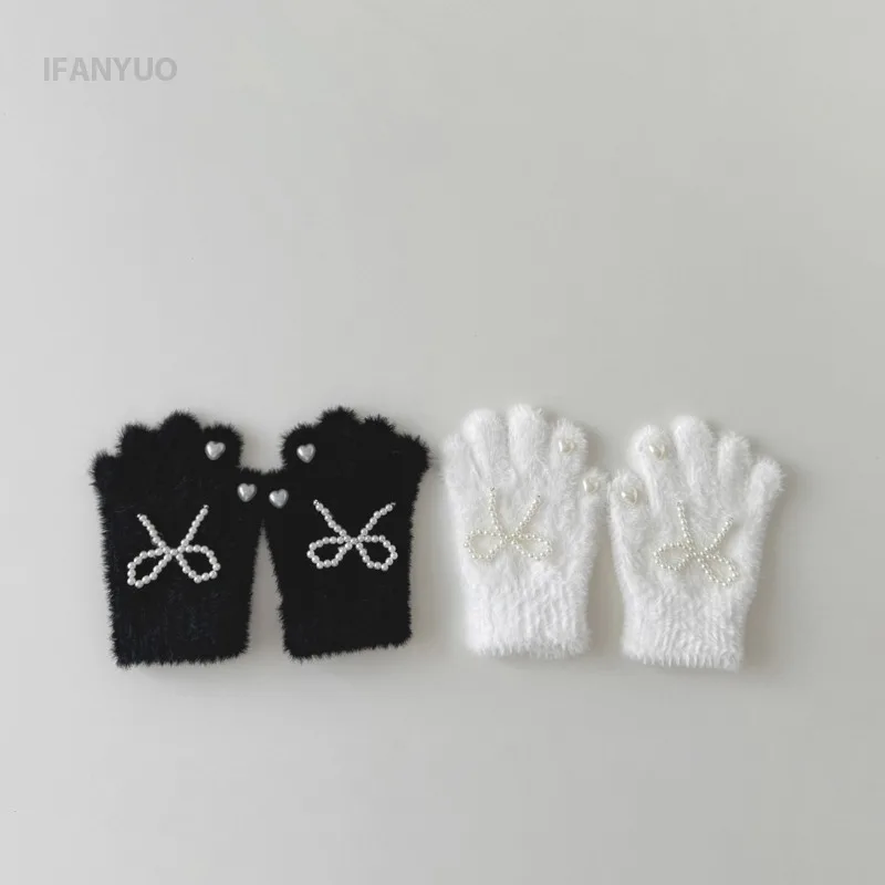 Children Gloves 3-8Years Autumn Winter Windproof Warm Knitted Plush Cartoon Pearl Bow Girls Love