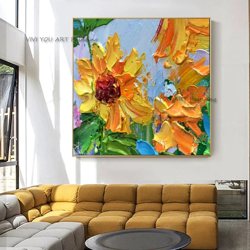 

Ручная работа, картина маслом подсолнуха, холст, искусство украшения на стену, ручная роспись, квадратные картины, украшение для гостиной, подарок