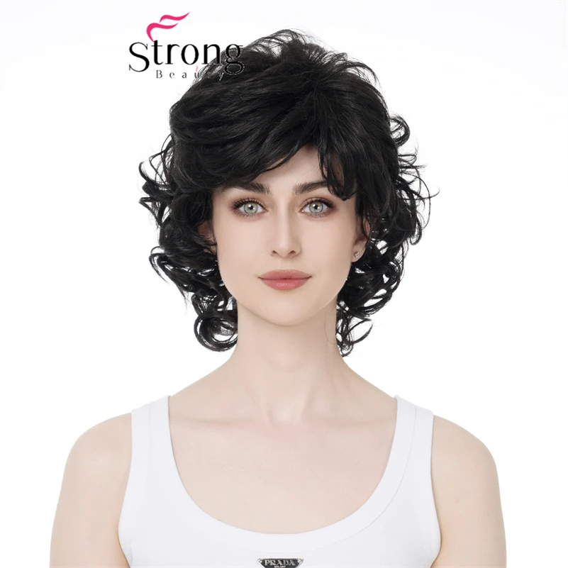 StrongBeauty короткий черный кудрявый натуральный вид наконечник полный синтетический парик