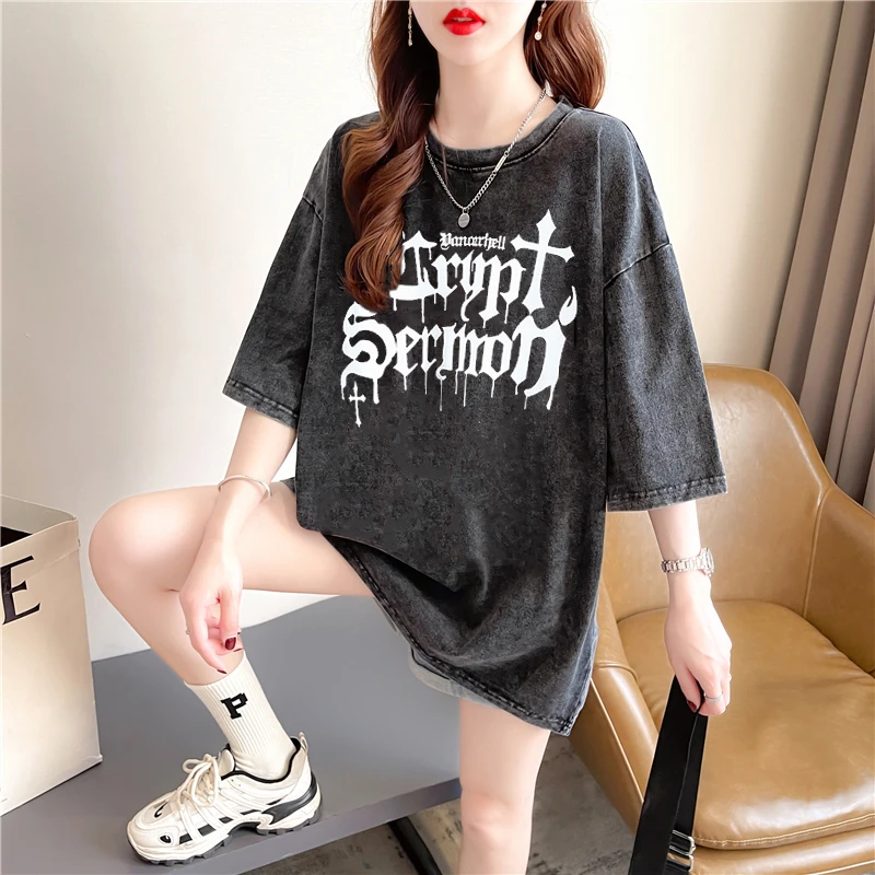 

Retro Street Hip Hop Oversized T-Shirt Letter Print Gothic Short Sleeve Loose Harajuku Washed T-Shirt Women's Casual Summer Tops