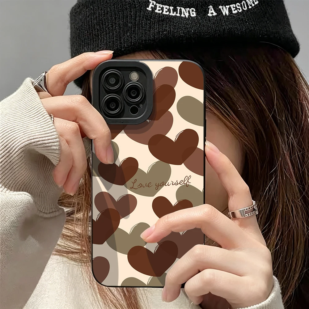 Cream Base Coffee Brown Heart Print Silicone Phone Case