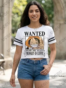 Summer New One Piece Monkey D Luffy Wanted Print T-shirt For Women Short Sleeve Crop Top Streetwear O-neck Tees Casual Y2k Tops 1