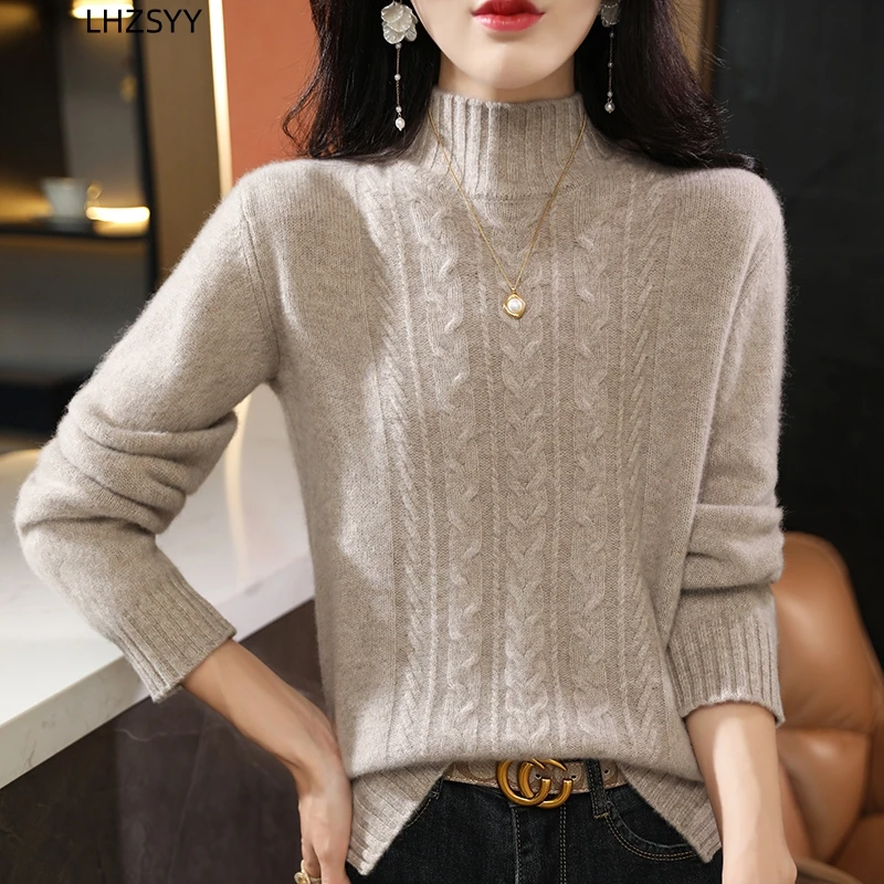 

LHZSYY Ladies Cashmere Sweater Winter New Half-high-Neck Thick Pullovers Fashion Warm Large size Base Shirt Wool Loose Knit Tops