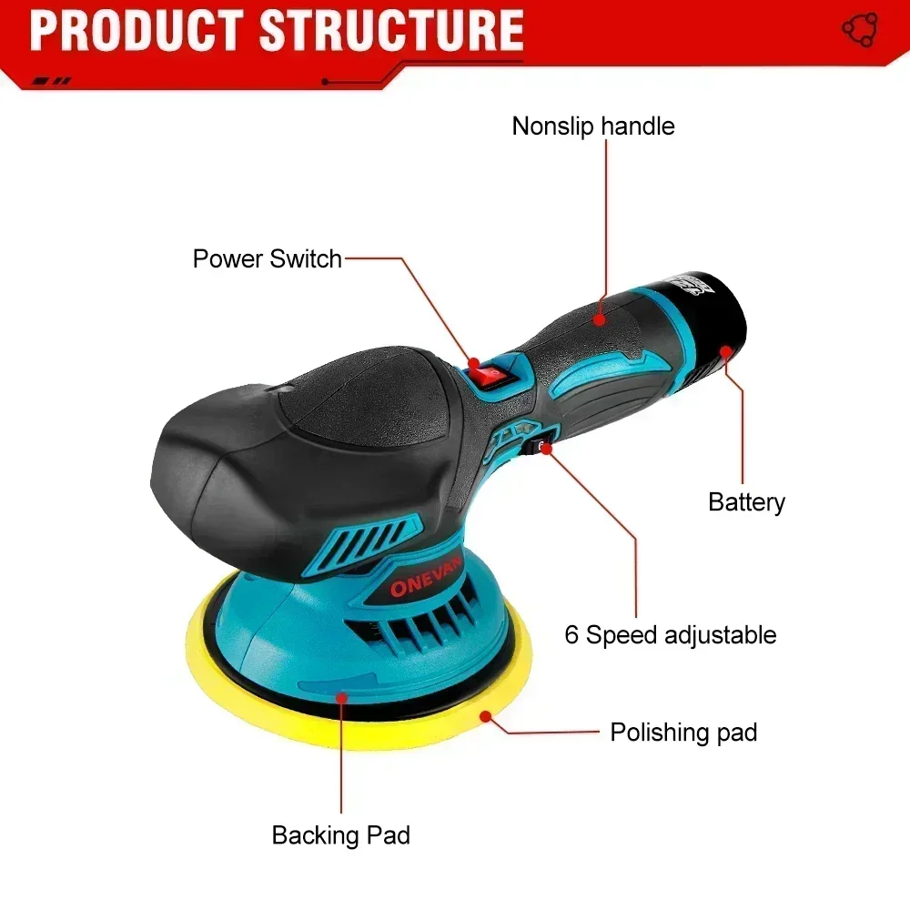 ONEVAN Cordless Car Polisher 6 Gear Speed Adjustable 12V Electric Auto Polishing Machine Home Cleaning Waxing Sanding Machine