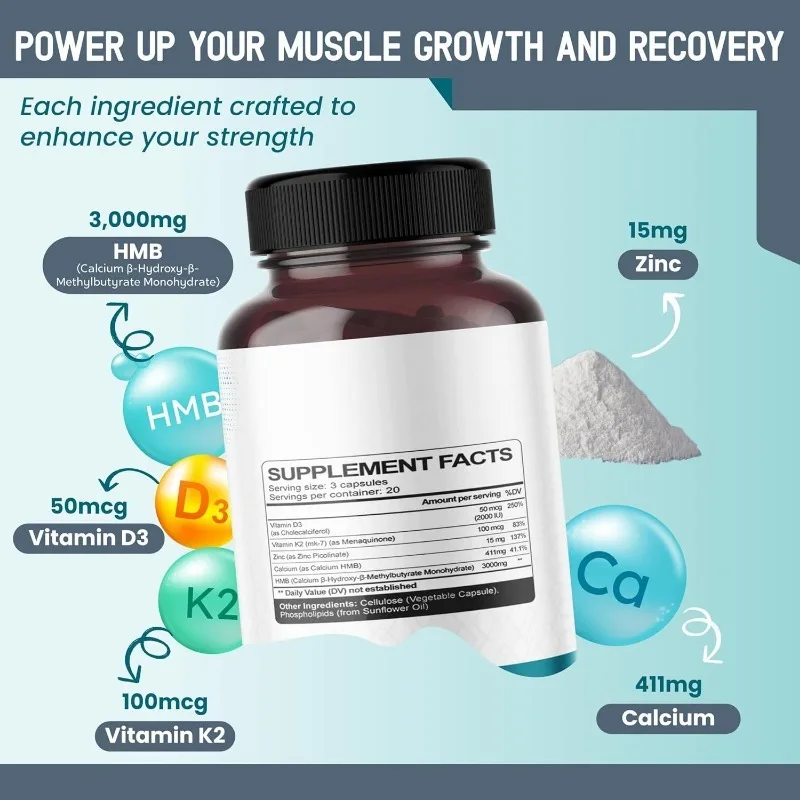 Liposomal HMB containing vitamins D3, K2, and zinc supports muscle mass and bone health -60 capsules gluten free, non GMO