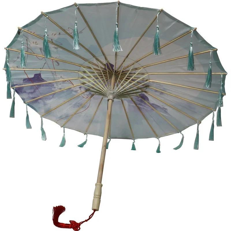 Satin Cloth Umbrella, Women's Photography Props Chinese Knot Pendant Tassel Gauze Classical Oil Paper Umbrella Parasol, 1Pc