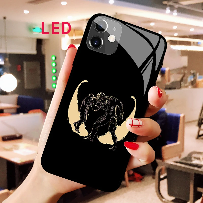 luminous tempered glass phone case for apple iphone 12 11 pro max xs mini stitch acoustic control protect led backlight cover Venom Luminous Tempered Glass phone case For Apple iphone 12 11 Pro Max XS mini Acoustic Control Protect LED Backlight cover