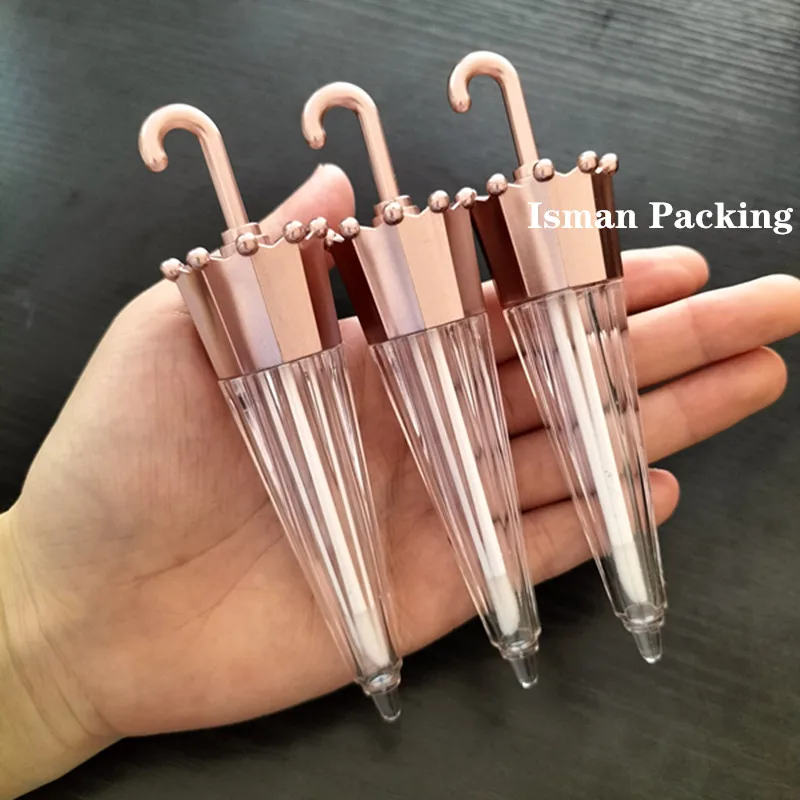 

50Pcs unique rose gold umbrella shaped lipgloss packaging empty kids clear lip gloss containers tube with wands brush 5ml