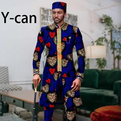 African Men Clothes Dashiki Print Tuxedo Wedding Suit 3 PCS Set Slim Fit Embroidery Jacket and Pants Match Muslim Caps A2316061