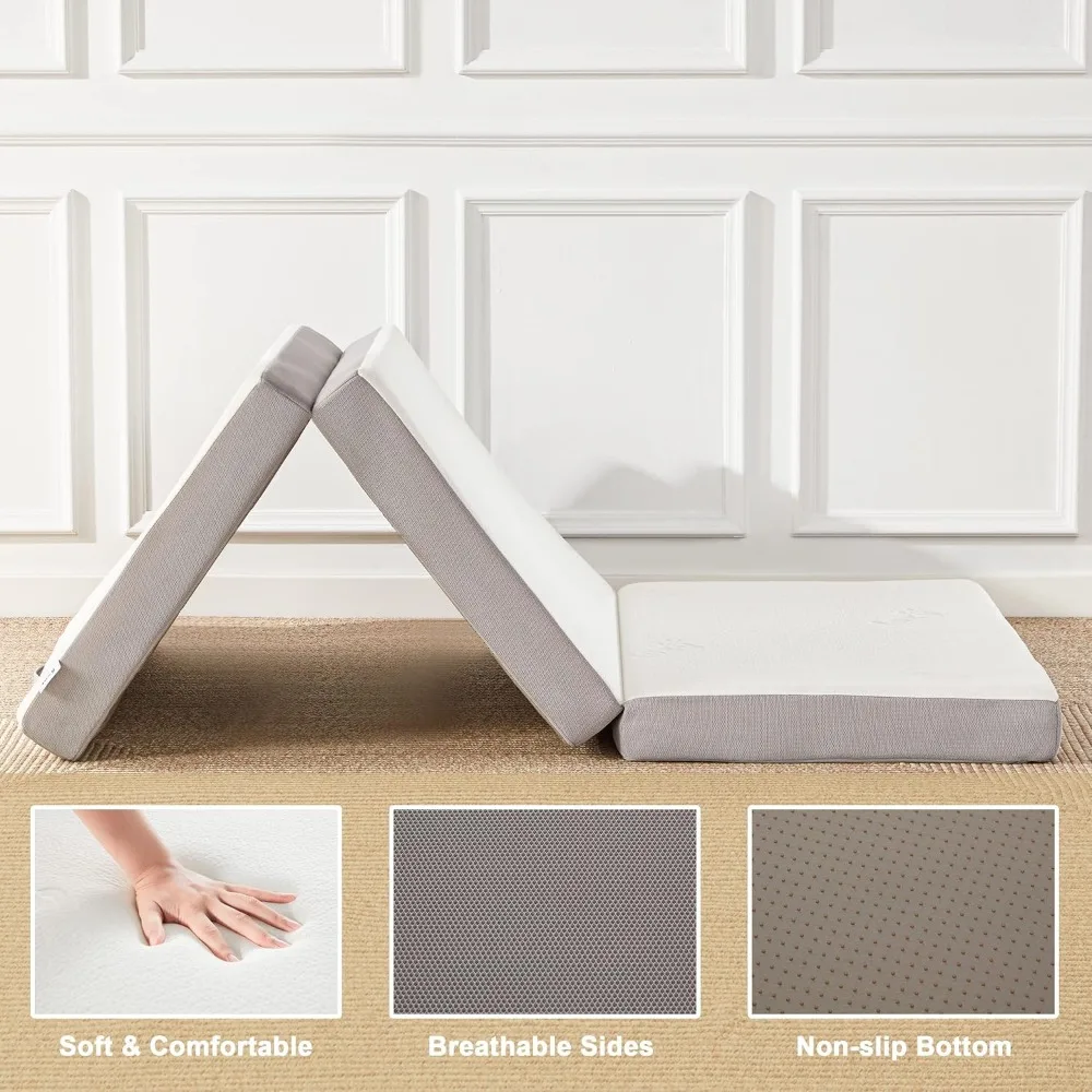 Folding Mattress, 4 Inch Memory Foam Tri-fold Mattress with Breathable & Washable Bamboo Fiber Fabric Cover, Foldable Floor 4