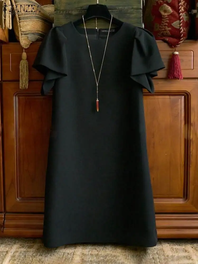

Платье ZANZEA женское с оборками, элегантный винтажный однотонный Мини Сарафан с рукавами-фонариками, офисный Повседневный Свободный Топ с круглым вырезом, лето 2024