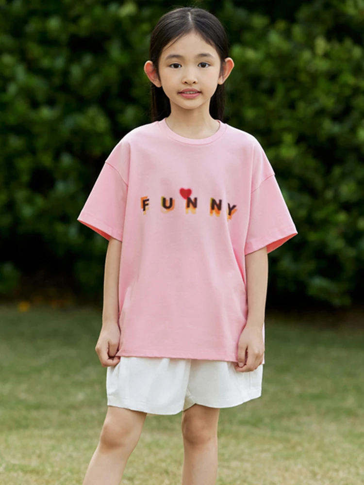 

Amii Kids Loose T Shirt for A Girl White Short Sleeves Tees 2023 Summer New CottonClothes O Neck Printed Children's Top 22322004