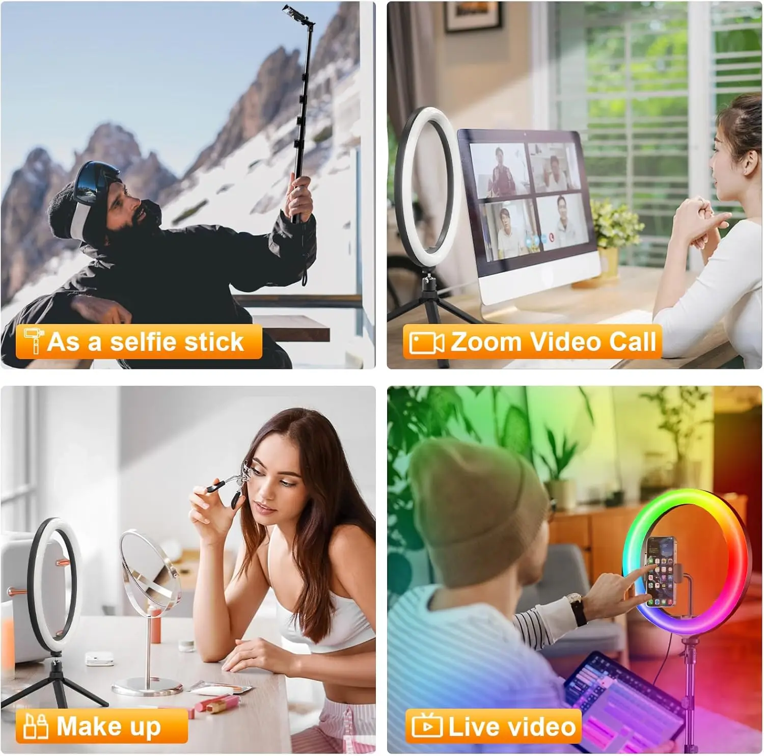 12" Selfie Ring Light with 73" Extendable Tripod Stand: Desk Selfie Lights 38 Color Modes, Upgrade 3 in 1 Dimmable Ad 2