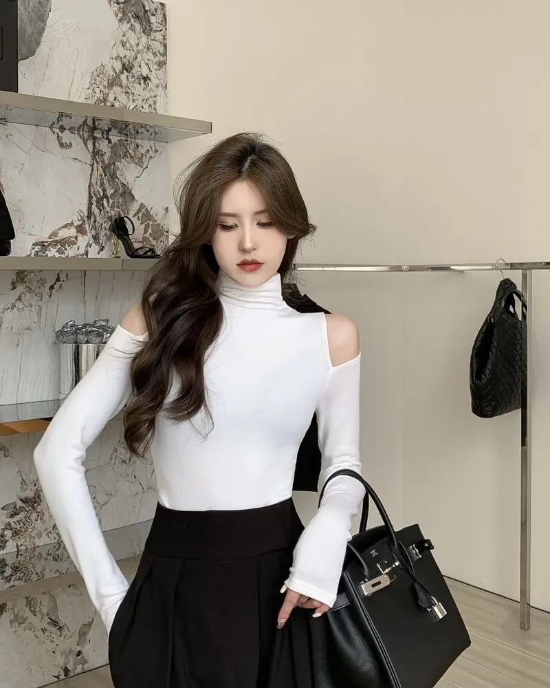 Turtleneck T-shirts Women Slim Long Sleeve Designed Sexy Autumn Tops Elegant Office Lady Sweet Temper All-match Popular Korean