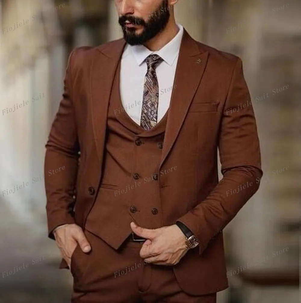

New Brown Men Suit Formal Occasion Groom Groomsman Wedding Party Prom Business Tuxedos Male 3 Piece Set Blazer Vest Pants