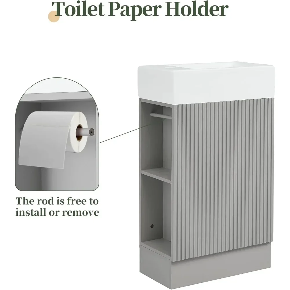 Small Bathroom Vanity with Sink, Freestanding Bathroom Vanity with Toilet Paper Holder & 1 Door, Wood Cabinet