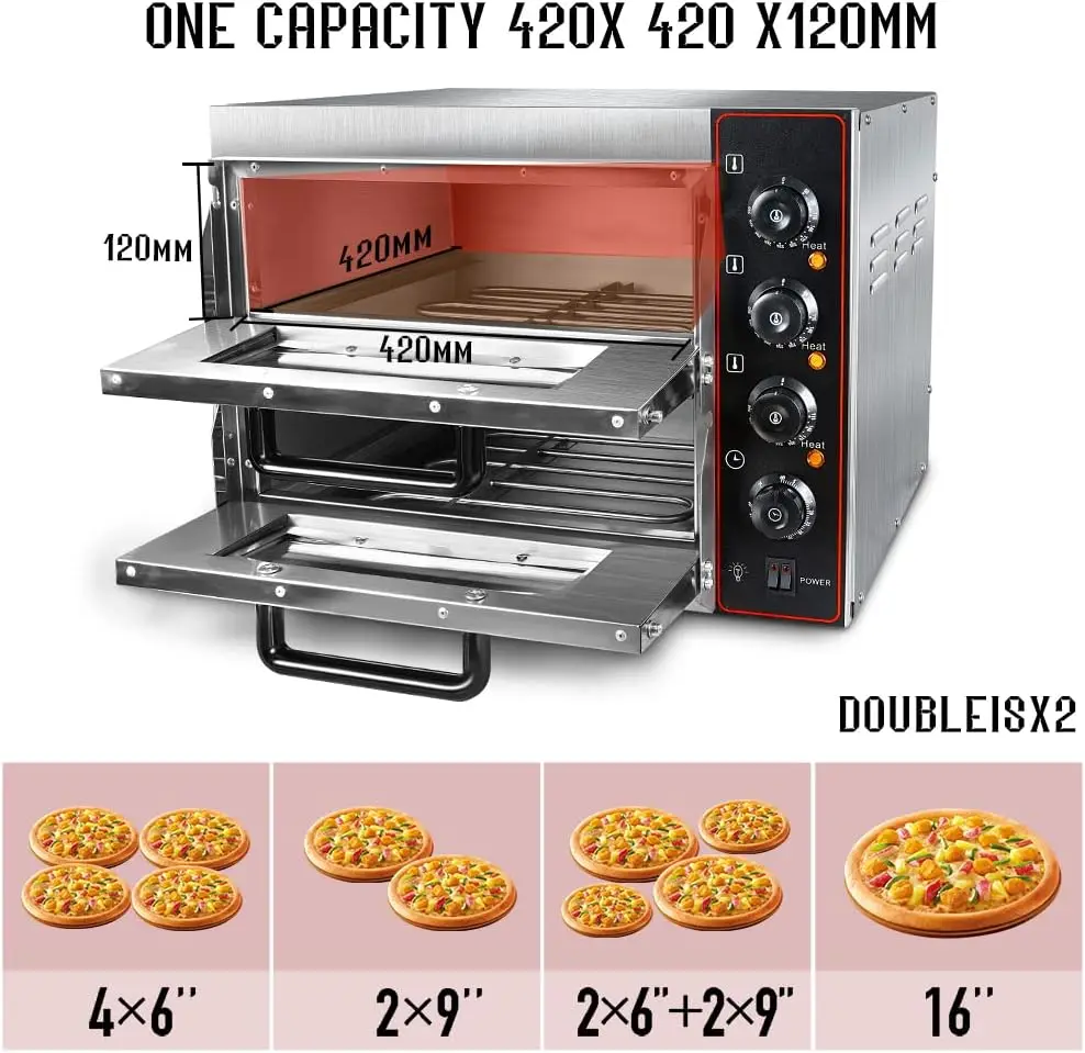 Commercial Pizza Oven Double Oven 1700W 16 inch Stainless Steel Pizza Electric Countertop Pizza and Snack Oven Multipurpose 2
