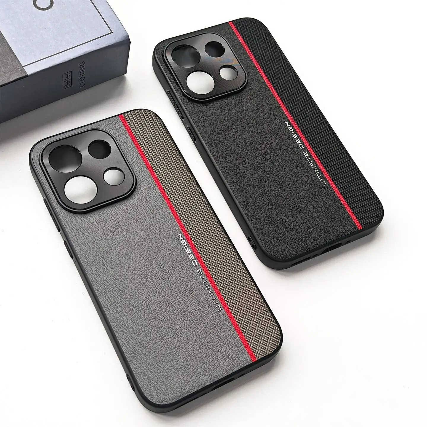 Stylish Red Line Textured PU Leather Phone Case with Metal Camera Protection and Shockproof Design