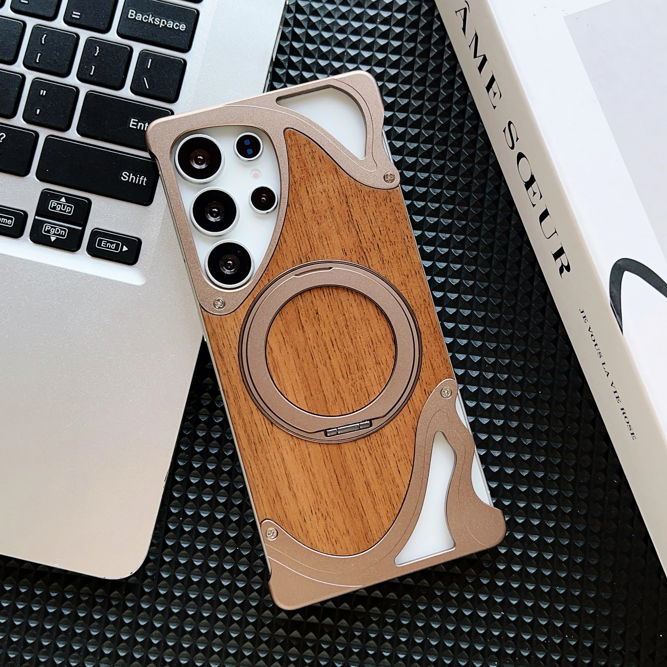 Walnut Wood Metal Armor Case with 360° Rotating Magnetic Bracket - Shockproof Cover