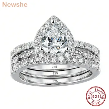 Newshe 3 Pieces 925 Sterling Silver Engagement Ring Set for Women Water Drop AAAAA Zircons Eternity Wedding Bands BR1079 1