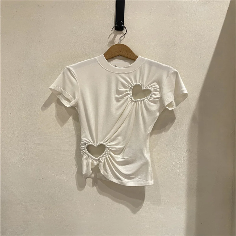 

Женская Асимметричная футболка с коротким рукавом, белая Повседневная футболка с круглым вырезом и отверстиями в форме сердца, лето 2023