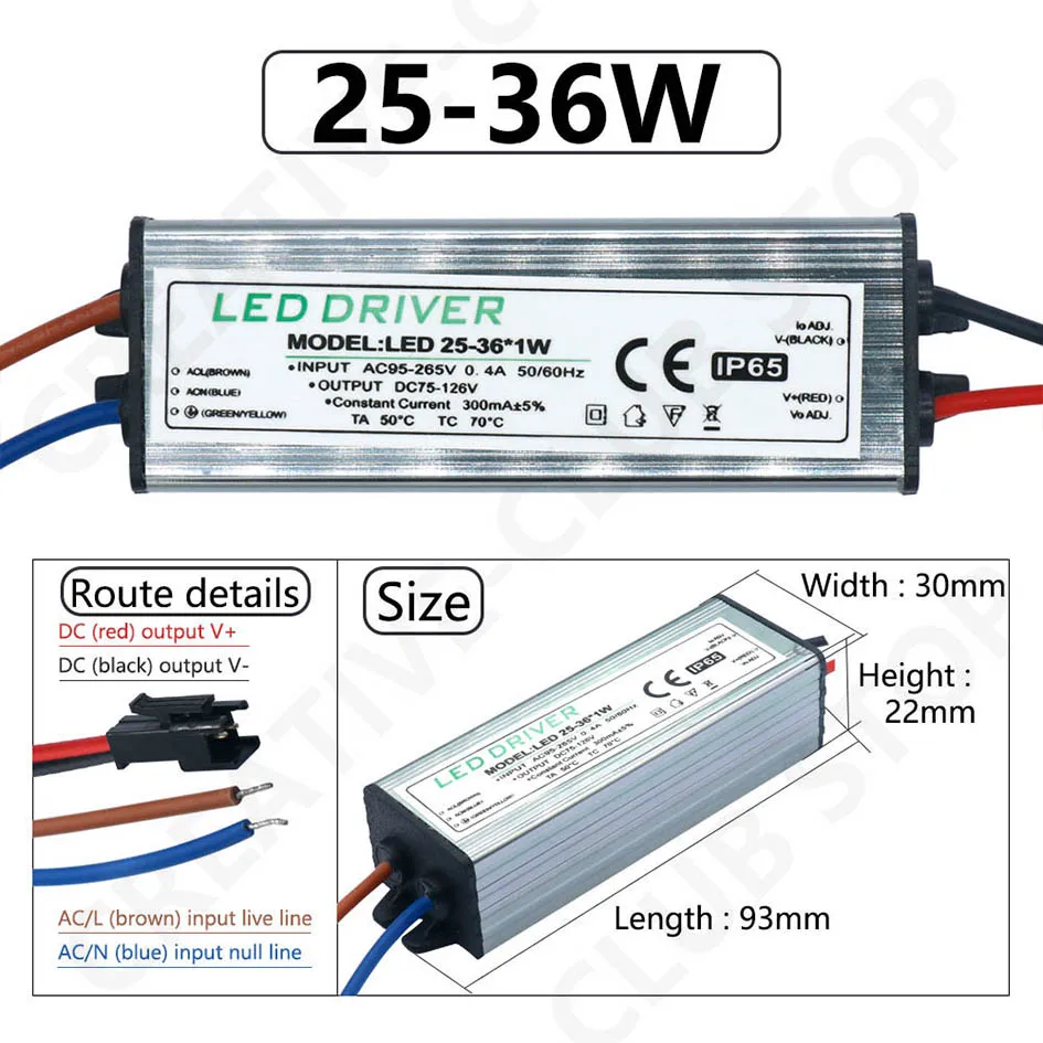 LED-Treiber 1–3 W, 4–7 W, 8–12 W, 12–18 W, 18–25 W, 25–36 W, Adapter, Transformator, AC85 V–265 V, wasserdicht, IP65, Netzteil 300 mA für Panel-Licht – Detail 6