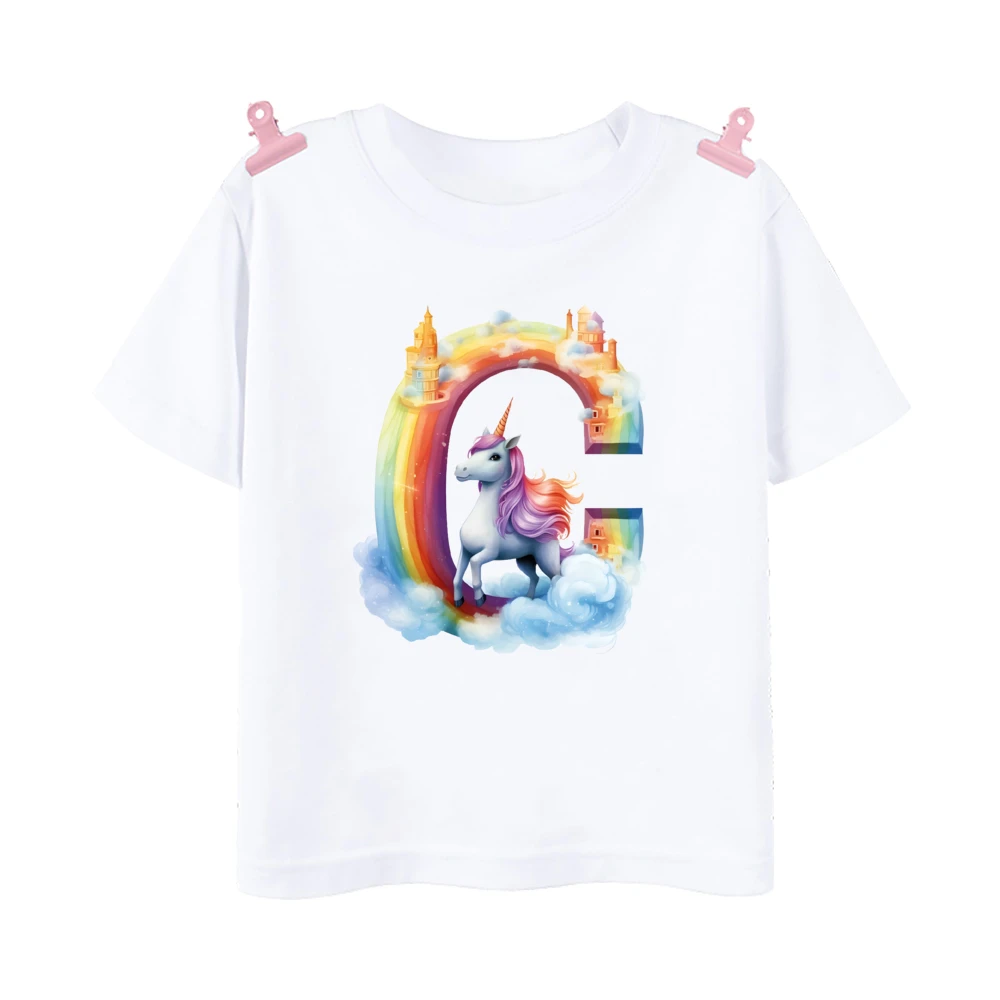 Unicorn Rainbow Initial A-Z Printed Kids Shirt Child Summer T-shirt Boys Girls Short Sleeve Tops Clothes Cute Toddles Outfit Tee 6