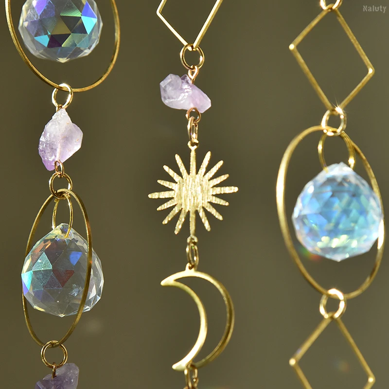 Golden Hanging Crystal Pendant Garden Suncatcher Rainbow Prism Wind Chimes Crystal Chain for Window Christmas Tree Home Decor