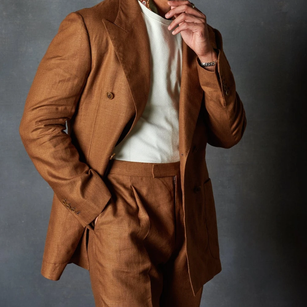 2024 Fashion Summer Linen Elegant Men Suit Casual Slim Fit Blazer Double Breasted High Quality Custom 2 Piece Set Costume Homme