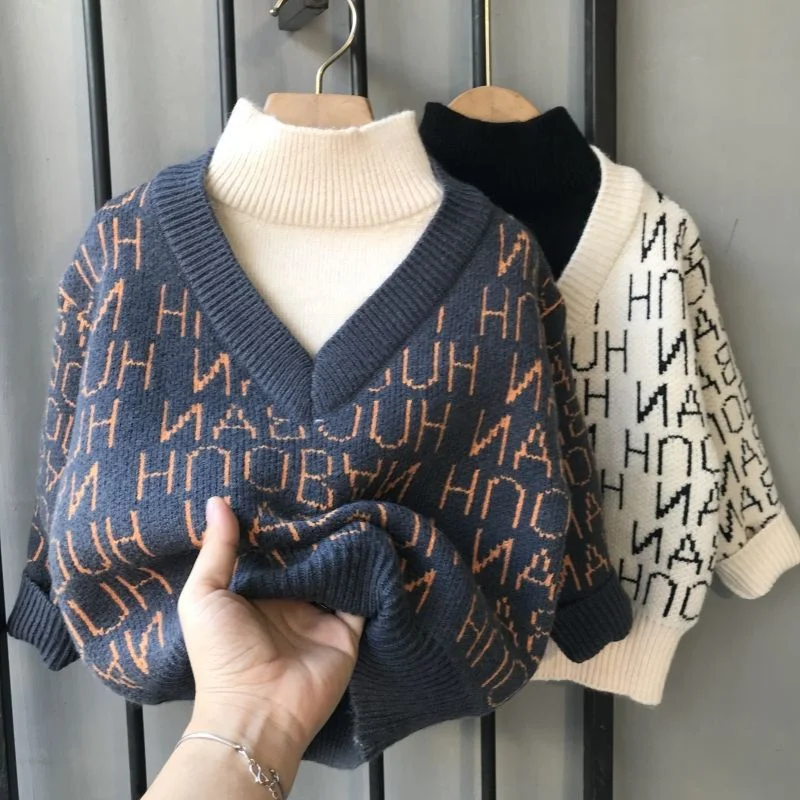 

Свитер для мальчиков, шерстяное пальто, детские топы, вязаные повседневные Пуловеры из плотной хлопчатобумажной ткани на весну и осень 2024, детская одежда для подростков