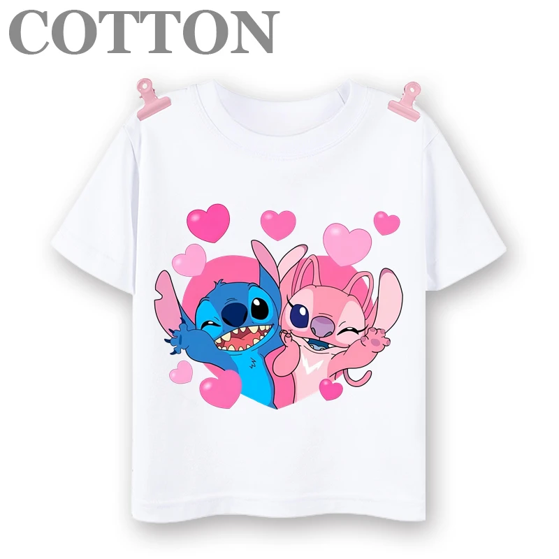 thumbnail image 1 of Camiseta de algodón con cuello redondo y manga corta para niños y bebés, diseño de dibujos animados de Disney Stitch, anime, moda de verano, 1 of 5