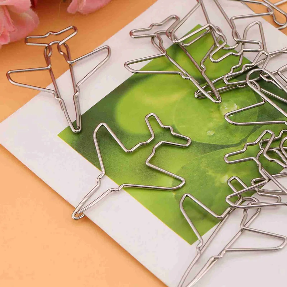 10pcs Pclip 비행기 비행기 종이 클립 실버 귀여운 종이 클립 스테인레스 스틸 메모 클립 북마크 클립 사무실 사용