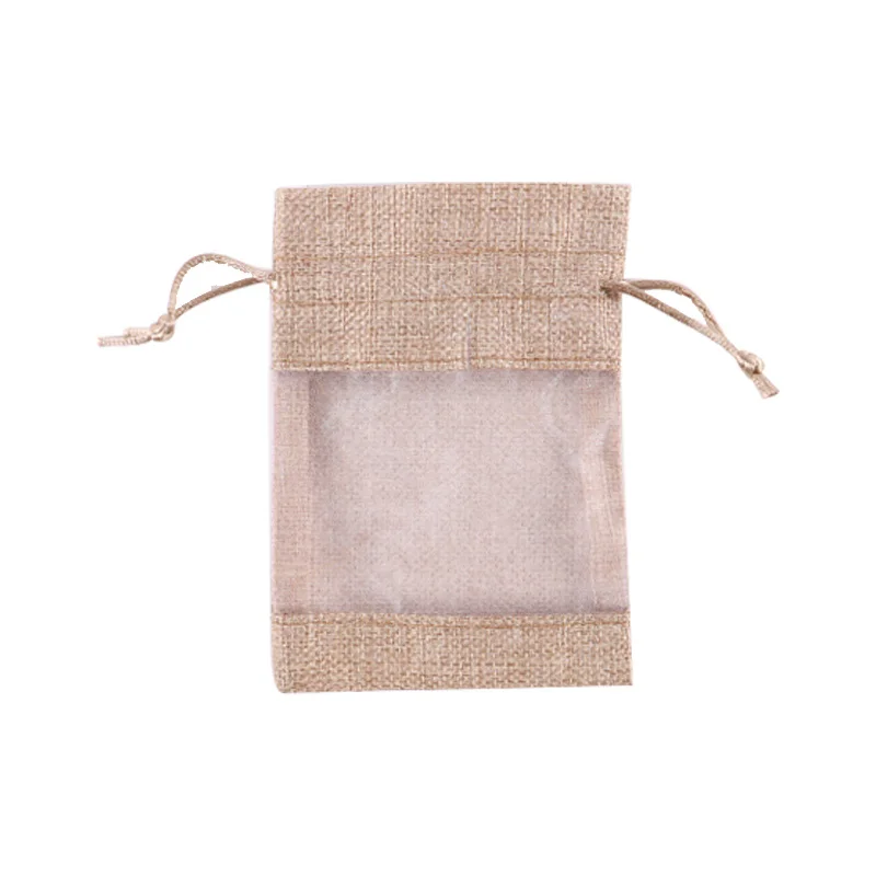 25/50/100pcs Burlap Gift Drawstring Empty Bag with Clear Organza Window Christmas Wedding Gift Party Jewellery Bag 6