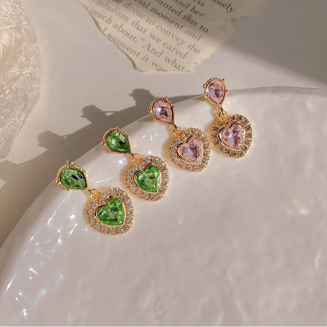 Green Enamel Dropping Oil Flower Heart Drop Earrings Set For Women Shiny  Crystal Love Pearl Earring Dangle Huggie Trendy Jewelry - AliExpress