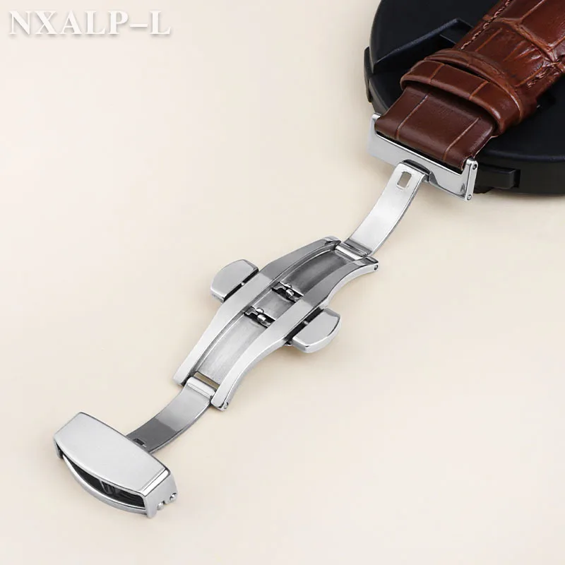 Luxurious Genuine Leather Watch Strap with Elegant Butterfly Clasp and Wooden Gift Box