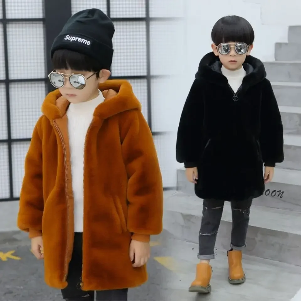 

2024 Young Boys' Hooded Mink Fur Woolen Coat Solid Children's Clothing Winter Thickened Warm Korean Fashionable 3-12 Years Old