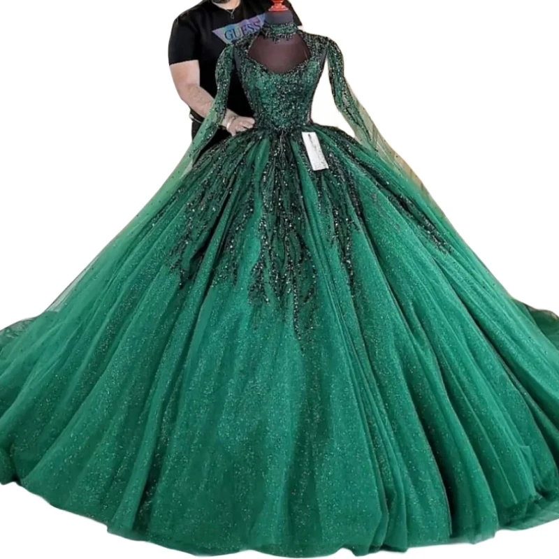 Real Picture Arabic Muslim Green Prom Dresses Long Sleeve Sequined Puffy Skirt Women Pageant Evening Gown Quinceanera Vestido Vx